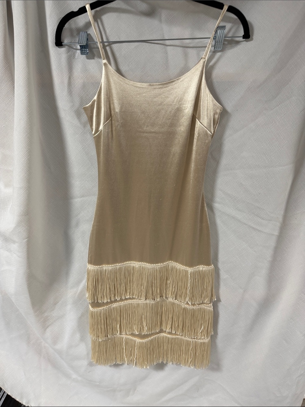 Sleeveless Cream Fringe Mini Dress with Spaghetti Straps